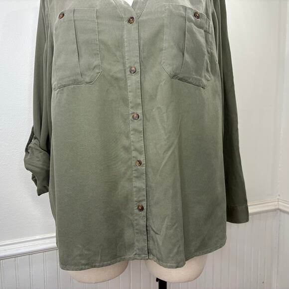 J Jill Plus Size 2X Top Button Up 100% Tencel Olive Green Roll Tab Sleeve V Neck - Picture 11 of 14